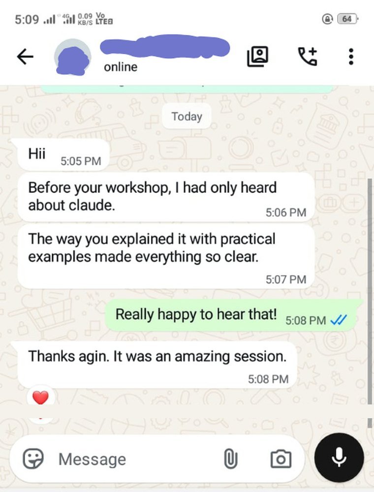WhatsApp feedback from a workshop participant