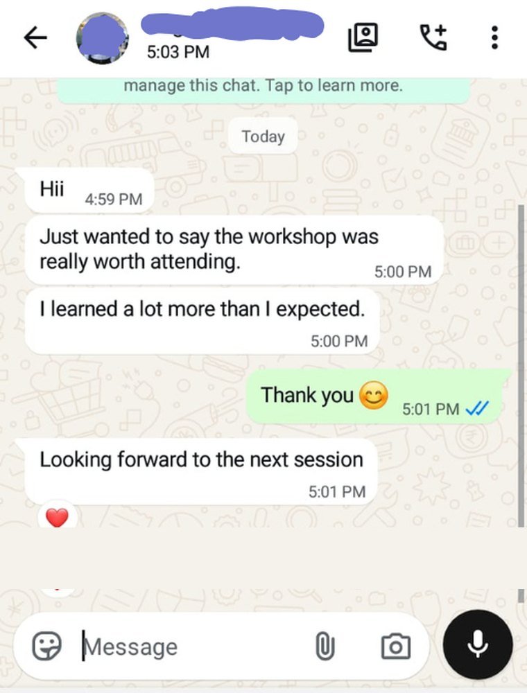 WhatsApp feedback from a workshop participant