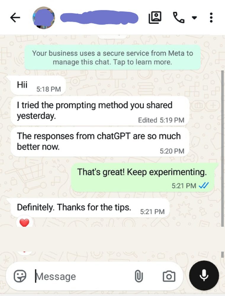 WhatsApp feedback from a workshop participant