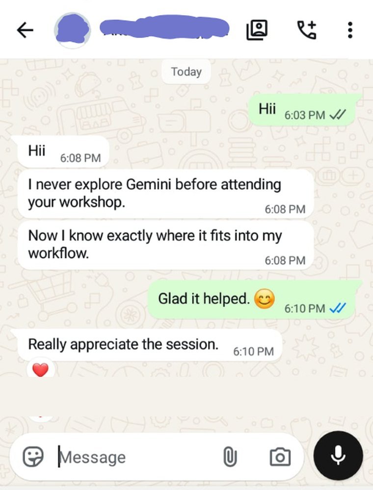 WhatsApp feedback from a workshop participant